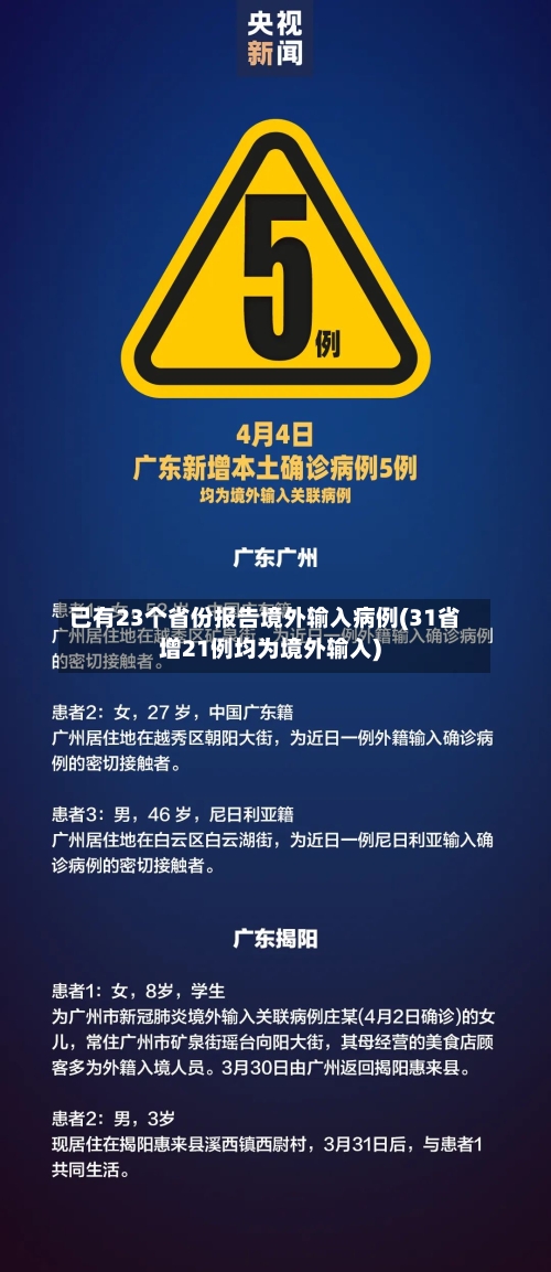 已有23个省份报告境外输入病例(31省增21例均为境外输入)